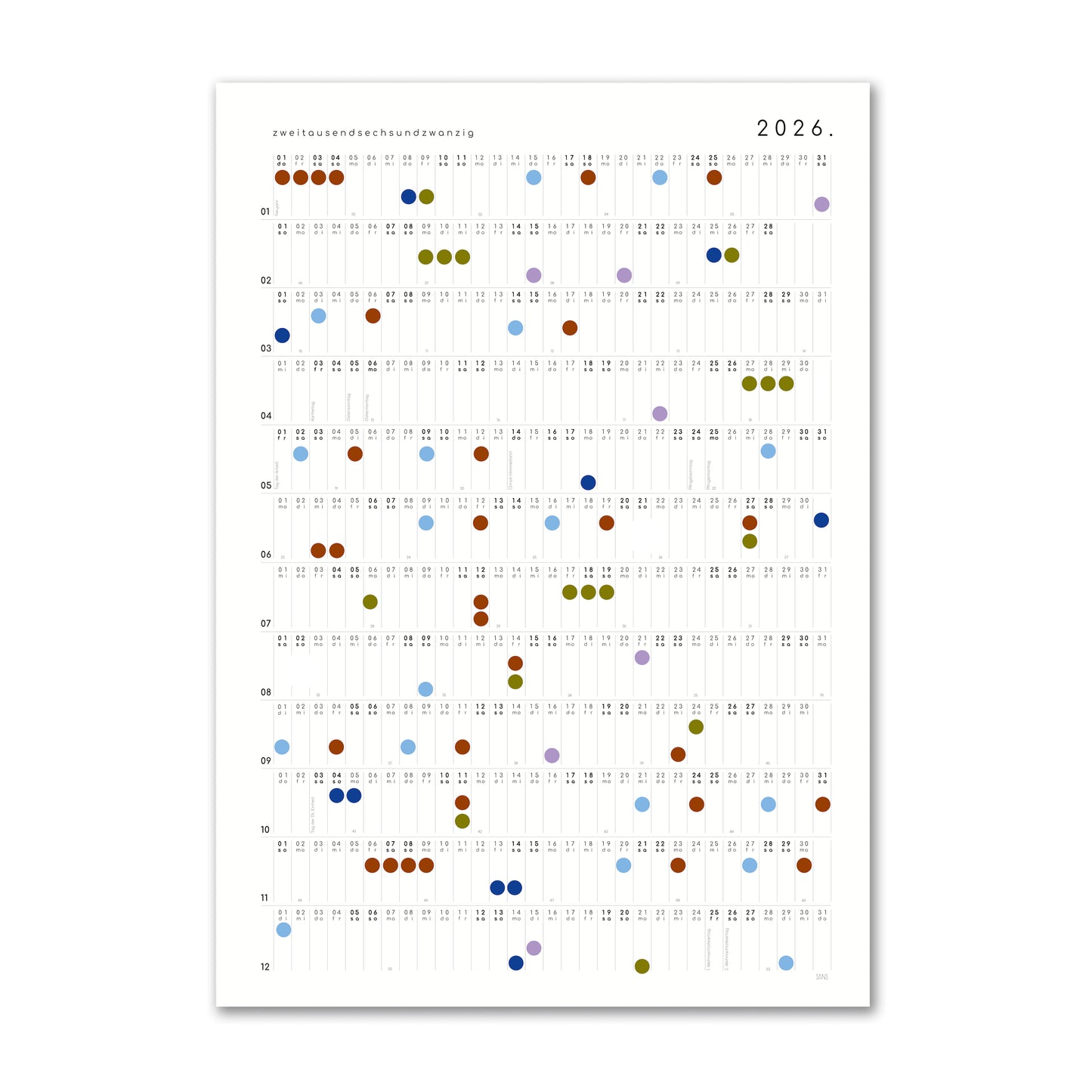Kalender mit Klebepunkten 2026 - A2 Hochformat